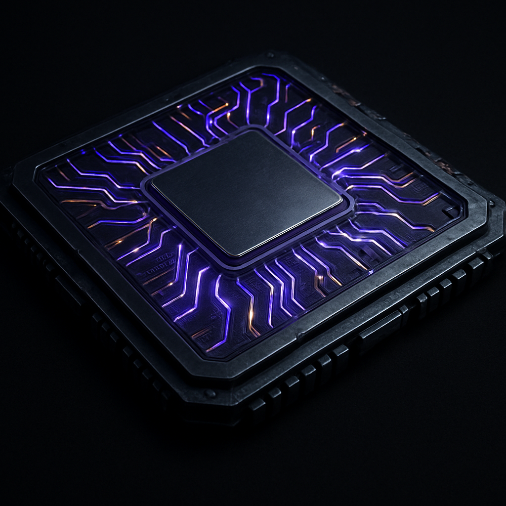 Metallic AI accelerator microchip with glowing traces
