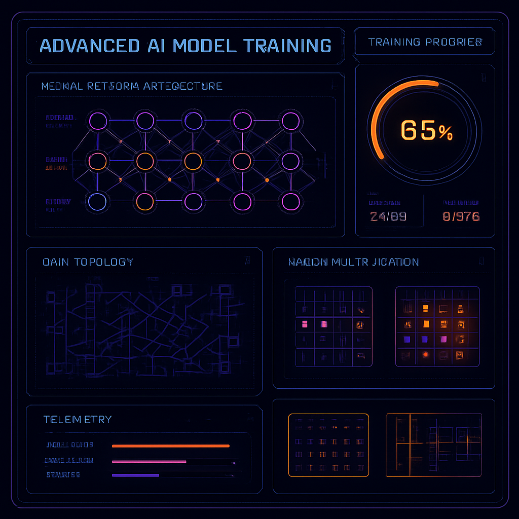 AI model training dashboard with neural network topology and telemetry widgets
