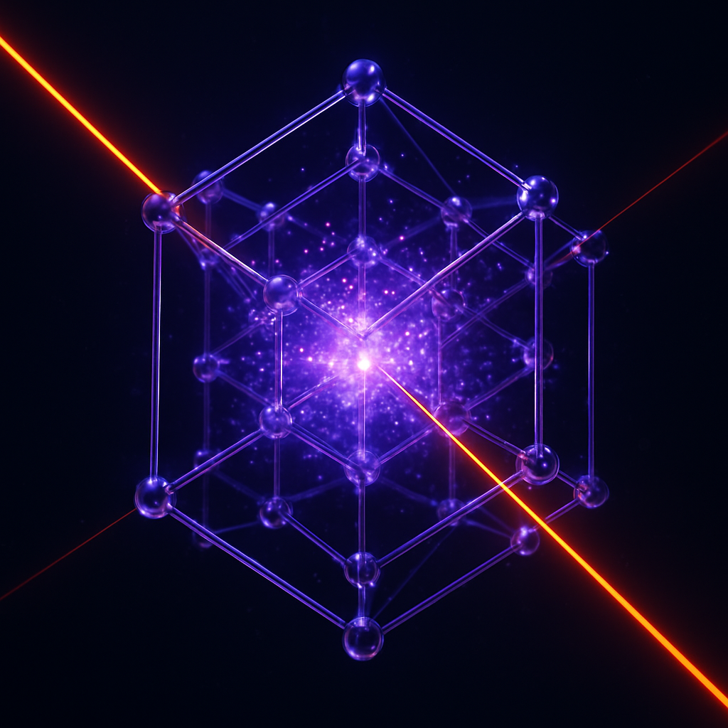 Translucent glowing crystal data lattice scanned by lasers